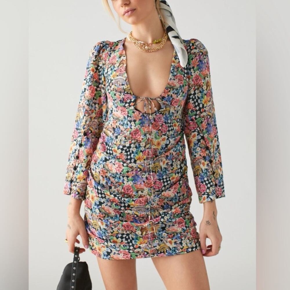 For Love & Lemons Womens June Bell Sleeve Black Checkerboard Mushroom Mini Dress
